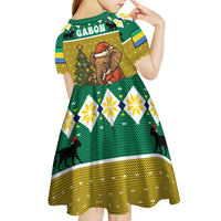 Gabon Christmas Kid Short Sleeve Dress with Pixel Art Elephant Santa Christmas Tree and Flag Colors Pattern - Wonder Print Shop