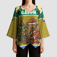 Gabon Christmas Kimono Sleeve Blouse with Pixel Art Elephant Santa Christmas Tree and Flag Colors Pattern - Wonder Print Shop