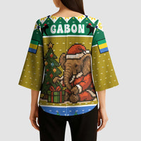 Gabon Christmas Kimono Sleeve Blouse with Pixel Art Elephant Santa Christmas Tree and Flag Colors Pattern - Wonder Print Shop