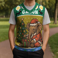 Gabon Christmas Knitted V-Neck Vest with Pixel Art Elephant Santa Christmas Tree and Flag Colors Pattern - Wonder Print Shop