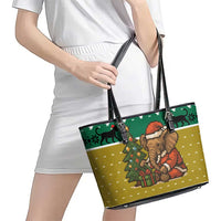 Gabon Christmas Leather Tote Bag with Pixel Art Elephant Santa Christmas Tree and Flag Colors Pattern - Wonder Print Shop