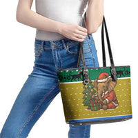 Gabon Christmas Leather Tote Bag with Pixel Art Elephant Santa Christmas Tree and Flag Colors Pattern - Wonder Print Shop