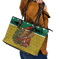 Gabon Christmas Leather Tote Bag with Pixel Art Elephant Santa Christmas Tree and Flag Colors Pattern - Wonder Print Shop