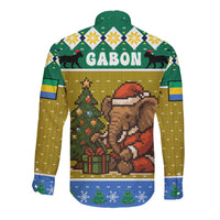 Gabon Christmas Long Sleeve Button Shirt with Pixel Art Elephant Santa Christmas Tree and Flag Colors Pattern - Wonder Print Shop