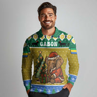 Gabon Christmas Long Sleeve Polo Shirt with Pixel Art Elephant Santa Christmas Tree and Flag Colors Pattern - Wonder Print Shop