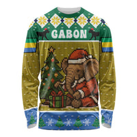 Gabon Christmas Long Sleeve Shirt with Pixel Art Elephant Santa Christmas Tree and Flag Colors Pattern - Wonder Print Shop