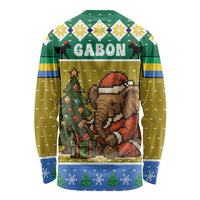 Gabon Christmas Long Sleeve Shirt with Pixel Art Elephant Santa Christmas Tree and Flag Colors Pattern - Wonder Print Shop