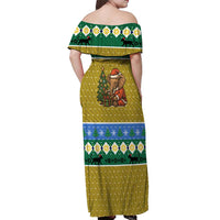 Gabon Christmas Off Shoulder Maxi Dress with Pixel Art Elephant Santa Christmas Tree and Flag Colors Pattern - Wonder Print Shop