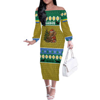 Gabon Christmas Off The Shoulder Long Sleeve Dress with Pixel Art Elephant Santa Christmas Tree and Flag Colors Pattern - Wonder Print Shop