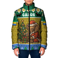 Gabon Christmas Padded Jacket with Pixel Art Elephant Santa Christmas Tree and Flag Colors Pattern - Wonder Print Shop