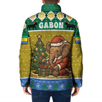 Gabon Christmas Padded Jacket with Pixel Art Elephant Santa Christmas Tree and Flag Colors Pattern - Wonder Print Shop