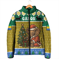 Gabon Christmas Padded Jacket with Pixel Art Elephant Santa Christmas Tree and Flag Colors Pattern - Wonder Print Shop