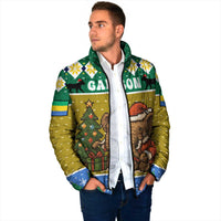 Gabon Christmas Padded Jacket with Pixel Art Elephant Santa Christmas Tree and Flag Colors Pattern - Wonder Print Shop