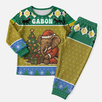 Gabon Christmas Pajama Set with Pixel Art Elephant Santa Christmas Tree and Flag Colors Pattern - Wonder Print Shop