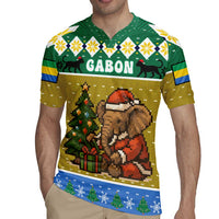 Gabon Christmas Rugby Jersey with Pixel Art Elephant Santa Christmas Tree and Flag Colors Pattern - Wonder Print Shop