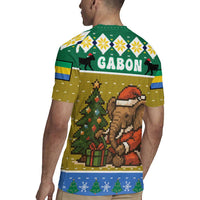 Gabon Christmas Rugby Jersey with Pixel Art Elephant Santa Christmas Tree and Flag Colors Pattern - Wonder Print Shop
