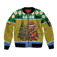 Gabon Christmas Sleeve Zip Bomber Jacket with Pixel Art Elephant Santa Christmas Tree and Flag Colors Pattern - Wonder Print Shop