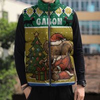 Gabon Christmas Sleeveless Puffer Jacket with Pixel Art Elephant Santa Christmas Tree and Flag Colors Pattern - Wonder Print Shop