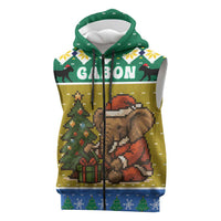 Gabon Christmas Sleeveless Zip Hoodie with Pixel Art Elephant Santa Christmas Tree and Flag Colors Pattern - Wonder Print Shop