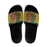 Gabon Christmas Slide Sandals with Pixel Art Elephant Santa Christmas Tree and Flag Colors Pattern - Wonder Print Shop