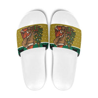 Gabon Christmas Slide Sandals with Pixel Art Elephant Santa Christmas Tree and Flag Colors Pattern - Wonder Print Shop