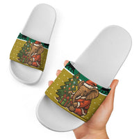 Gabon Christmas Slide Sandals with Pixel Art Elephant Santa Christmas Tree and Flag Colors Pattern - Wonder Print Shop