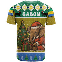 Gabon Christmas T Shirt with Pixel Art Elephant Santa Christmas Tree and Flag Colors Pattern - Wonder Print Shop