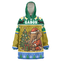 Gabon Christmas Wearable Blanket Hoodie with Pixel Art Elephant Santa Christmas Tree and Flag Colors Pattern - Wonder Print Shop