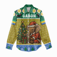 Gabon Christmas Women Casual Shirt with Pixel Art Elephant Santa Christmas Tree and Flag Colors Pattern - Wonder Print Shop