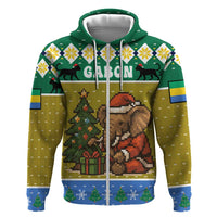 Gabon Christmas Zip Hoodie with Pixel Art Elephant Santa Christmas Tree and Flag Colors Pattern - Wonder Print Shop