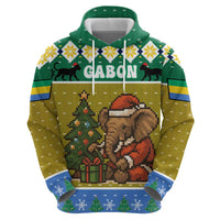 Gabon Christmas Zip Hoodie with Pixel Art Elephant Santa Christmas Tree and Flag Colors Pattern - Wonder Print Shop