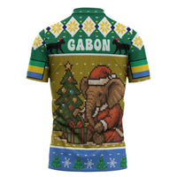 Gabon Christmas Zipper Polo Shirt with Pixel Art Elephant Santa Christmas Tree and Flag Colors Pattern - Wonder Print Shop