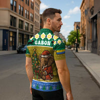 Gabon Christmas Zipper Polo Shirt with Pixel Art Elephant Santa Christmas Tree and Flag Colors Pattern - Wonder Print Shop