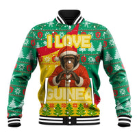 Guinea Christmas Baseball Jacket with Santa Chimpanzee Heart Hands and Green Red Snowflake Pattern - Wonder Print Shop