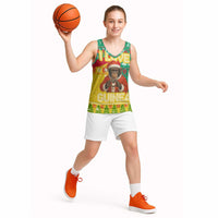 Guinea Christmas Basketball Jersey with Santa Chimpanzee Heart Hands and Green Red Snowflake Pattern - Wonder Print Shop