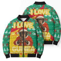 Guinea Christmas Bomber Puffer Jacket with Santa Chimpanzee Heart Hands and Green Red Snowflake Pattern - Wonder Print Shop