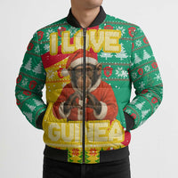 Guinea Christmas Bomber Puffer Jacket with Santa Chimpanzee Heart Hands and Green Red Snowflake Pattern - Wonder Print Shop