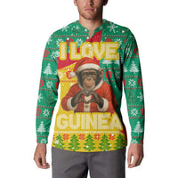 Guinea Christmas Button Sweatshirt with Santa Chimpanzee Heart Hands and Green Red Snowflake Pattern - Wonder Print Shop