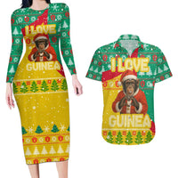 Guinea Christmas Couples Matching Long Sleeve Bodycon Dress and Hawaiian Shirt with Santa Chimpanzee Heart Hands and Green Red Snowflake Pattern - Wonder Print Shop