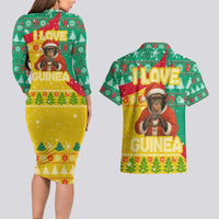Guinea Christmas Couples Matching Long Sleeve Bodycon Dress and Hawaiian Shirt with Santa Chimpanzee Heart Hands and Green Red Snowflake Pattern - Wonder Print Shop