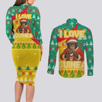 Guinea Christmas Couples Matching Long Sleeve Bodycon Dress and Long Sleeve Button Shirt with Santa Chimpanzee Heart Hands and Green Red Snowflake Pattern - Wonder Print Shop