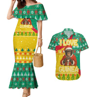 Guinea Christmas Couples Matching Mermaid Dress and Hawaiian Shirt with Santa Chimpanzee Heart Hands and Green Red Snowflake Pattern - Wonder Print Shop