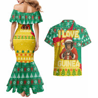 Guinea Christmas Couples Matching Mermaid Dress and Hawaiian Shirt with Santa Chimpanzee Heart Hands and Green Red Snowflake Pattern - Wonder Print Shop