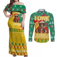 Guinea Christmas Couples Matching Off Shoulder Maxi Dress and Long Sleeve Button Shirt with Santa Chimpanzee Heart Hands and Green Red Snowflake Pattern - Wonder Print Shop