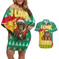 Guinea Christmas Couples Matching Off Shoulder Short Dress and Hawaiian Shirt with Santa Chimpanzee Heart Hands and Green Red Snowflake Pattern - Wonder Print Shop