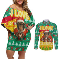 Guinea Christmas Couples Matching Off Shoulder Short Dress and Long Sleeve Button Shirt with Santa Chimpanzee Heart Hands and Green Red Snowflake Pattern - Wonder Print Shop