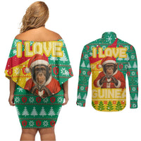 Guinea Christmas Couples Matching Off Shoulder Short Dress and Long Sleeve Button Shirt with Santa Chimpanzee Heart Hands and Green Red Snowflake Pattern - Wonder Print Shop