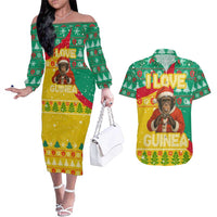 Guinea Christmas Couples Matching Off The Shoulder Long Sleeve Dress and Hawaiian Shirt with Santa Chimpanzee Heart Hands and Green Red Snowflake Pattern - Wonder Print Shop