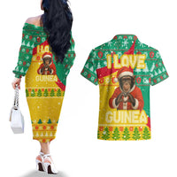 Guinea Christmas Couples Matching Off The Shoulder Long Sleeve Dress and Hawaiian Shirt with Santa Chimpanzee Heart Hands and Green Red Snowflake Pattern - Wonder Print Shop