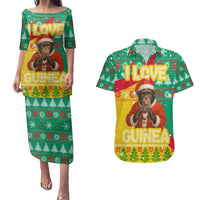 Guinea Christmas Couples Matching Puletasi and Hawaiian Shirt with Santa Chimpanzee Heart Hands and Green Red Snowflake Pattern - Wonder Print Shop